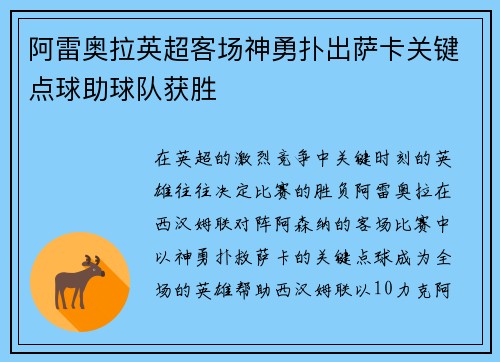 阿雷奥拉英超客场神勇扑出萨卡关键点球助球队获胜