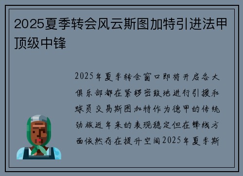 2025夏季转会风云斯图加特引进法甲顶级中锋